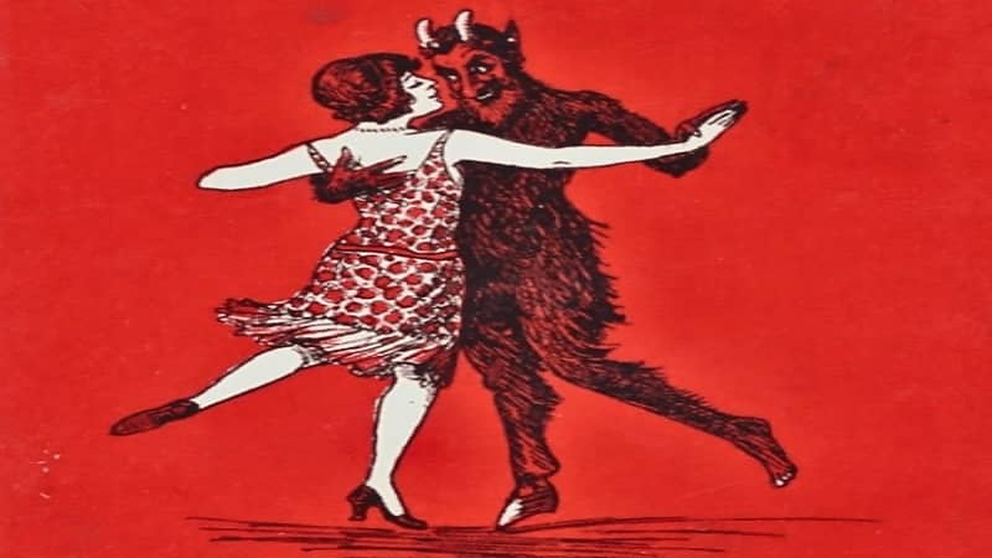 Vintage red illustration of the devil dancing with a woman at a dance hall