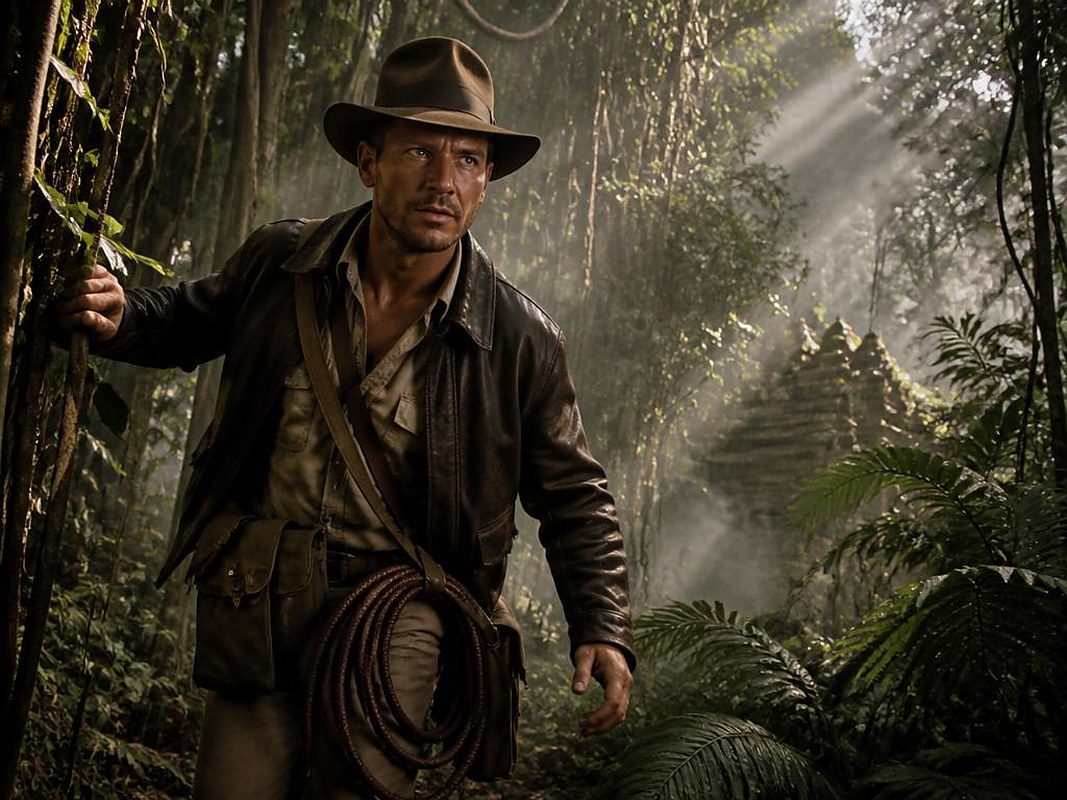 Adventurer in fedora and leather jacket with a bullwhip in a misty jungle